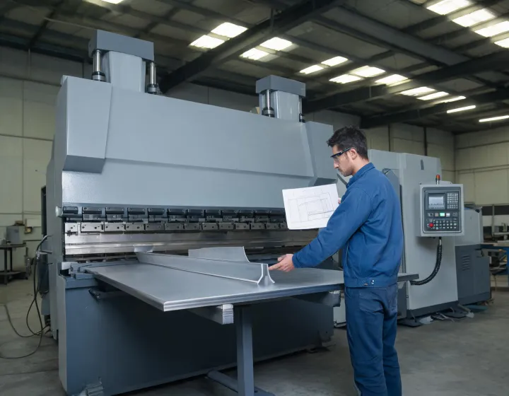 Hydraulic press brake with a steel sheet on front supports and an operator checking flange height against a drawing